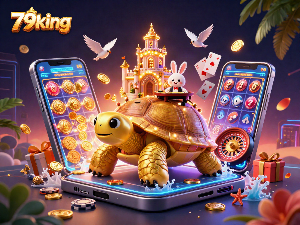 Experience winning thrills at 79king casino with vibrant 3D casino illustration and games.