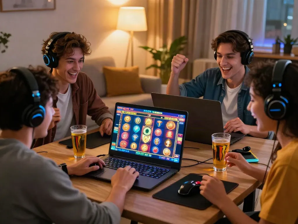Excited friends playing online slot games in a cozy living room setting.