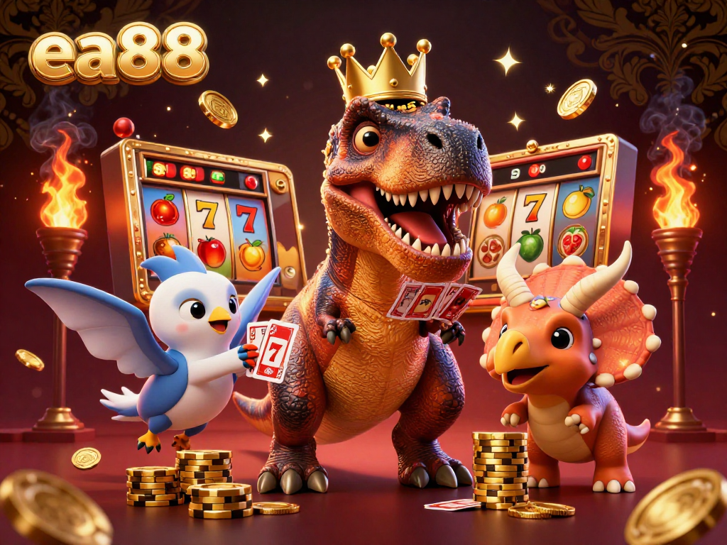 ea88 slot scene with a T-Rex, pterodactyl, and triceratops winning big at the casino.