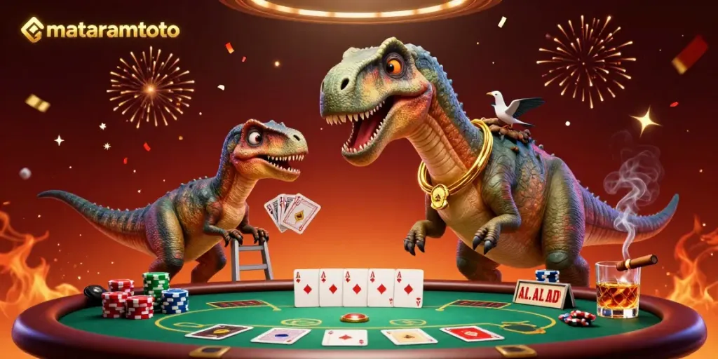 Experience the excitement at mataramtoto with a playful dinosaur dealer and vibrant poker action.