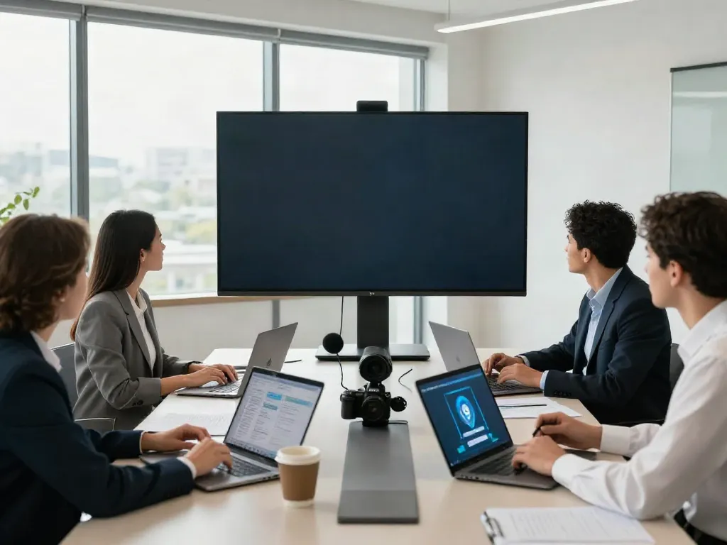 Deepfake-protected meetings with professionals collaborating in a secure conference room