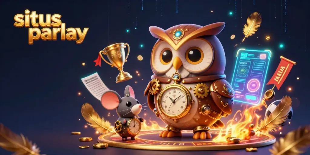 Engage in situs parlay with a time-traveling owl and dynamic sports betting elements in a vibrant casino scene.