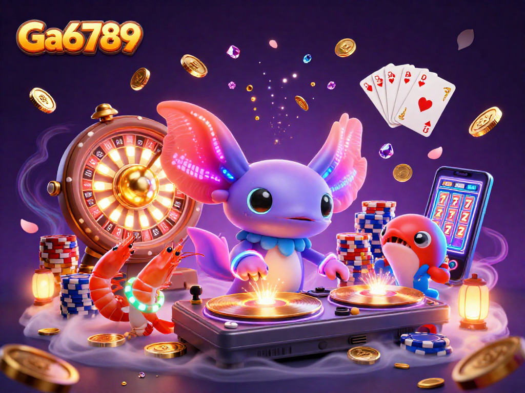 Experience casino vibes with Ga6789's vibrant axolotl DJ, glowing shrimp dancers, and poker chips.