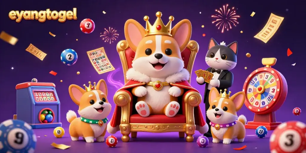 Experience eyangtogel excitement with this vibrant 3D illustration of a royal corgi on a poker chip throne amidst lottery game elements.