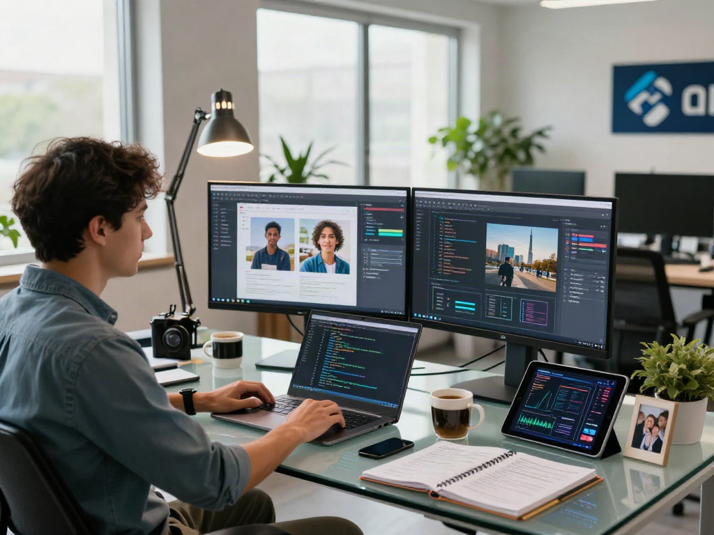 AI Image Detector interface in a vibrant digital workspace with data analysis tools and modern tech.