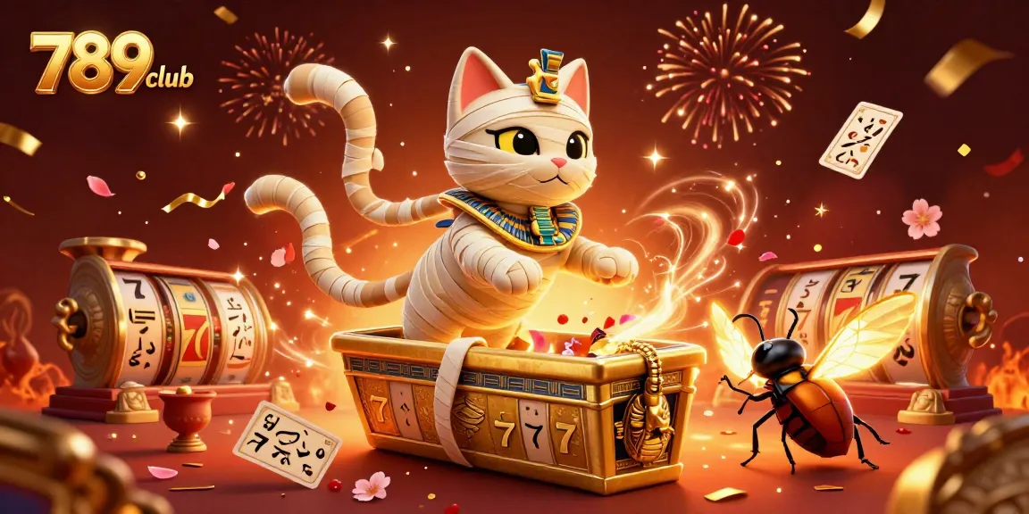 Experience thrilling 789club action with a vibrant 3D scene of a mummy cat and casino elements.