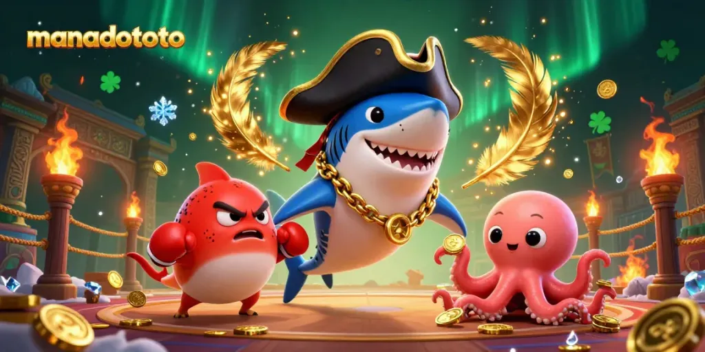 Engage with manadototo through an exciting scene featuring a pirate shark, a boxing pufferfish, and a coin-holding octopus.