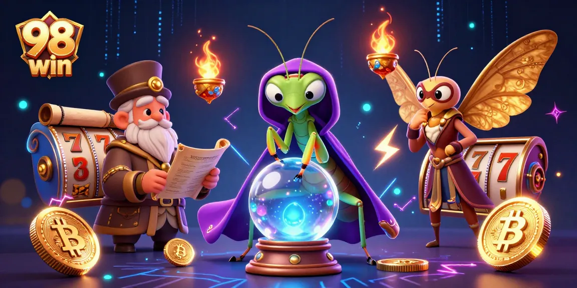 Experience thrilling gameplay with 98 win's slot machines and crypto elements in a vibrant casino scene.