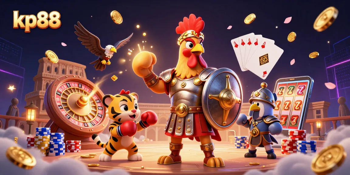 Experience kp88's thrilling casino action with a gladiator rooster and vibrant gaming elements!