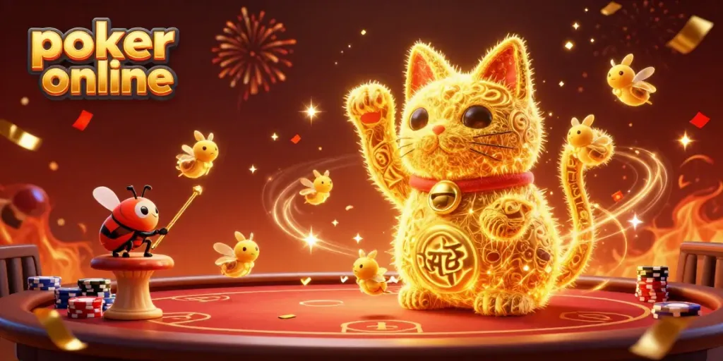 Play poker online with excitement showcased by a vibrant, colorful scene filled with casino elements.