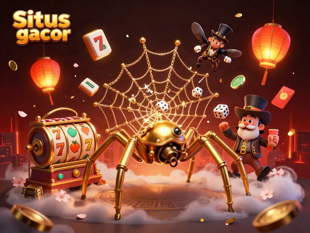 Situs slot gacor illustration, featuring a steampunk spider and playful elements of online slots