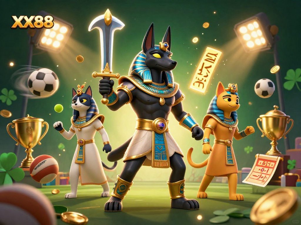 Engage with thrilling bets at XX88, featuring ancient warriors and dynamic sports elements in a vibrant casino scene.
