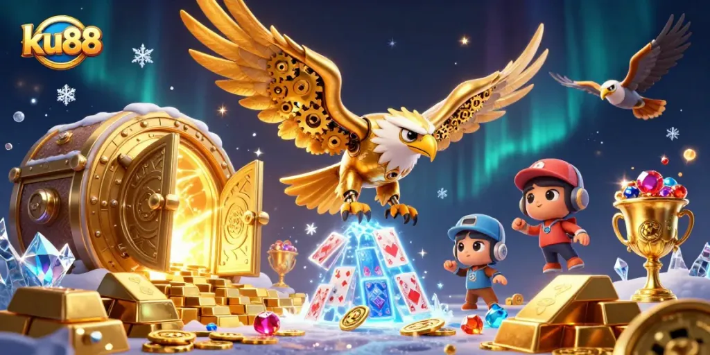 Engage with the dynamic gaming scene in ku88 featuring a cybernetic eagle and stunning casino elements.