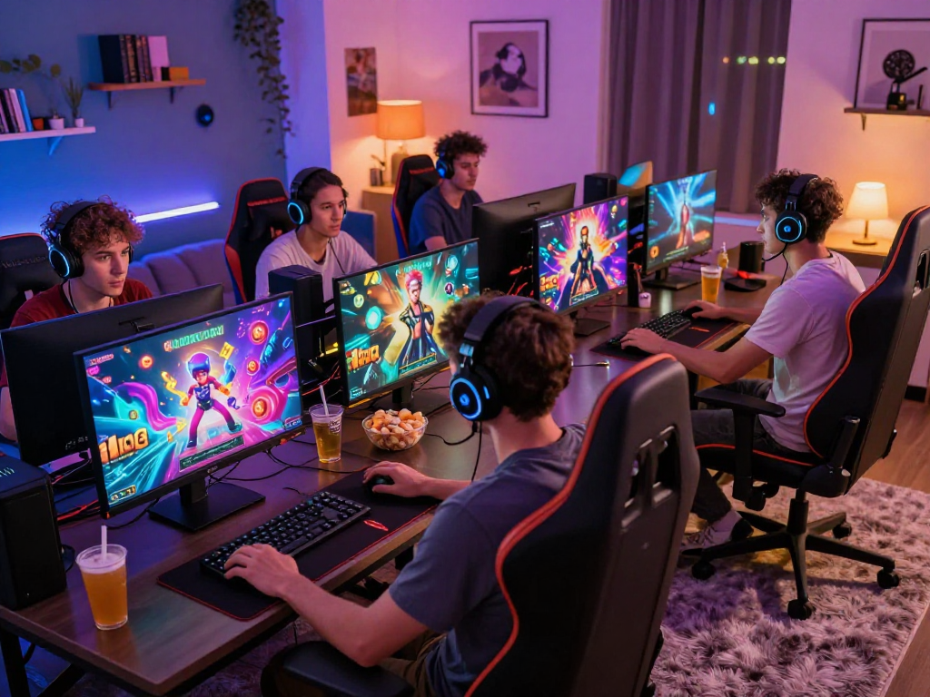 Players enjoying immersive porn games on multiple devices in a vibrant gaming setup.