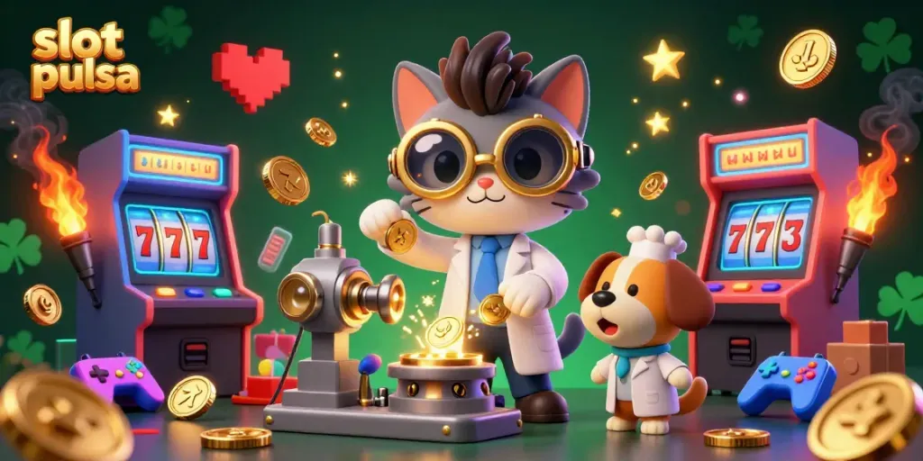 Engaging slot pulsa scene with cartoon scientist and dog creating coins in a vibrant arcade.