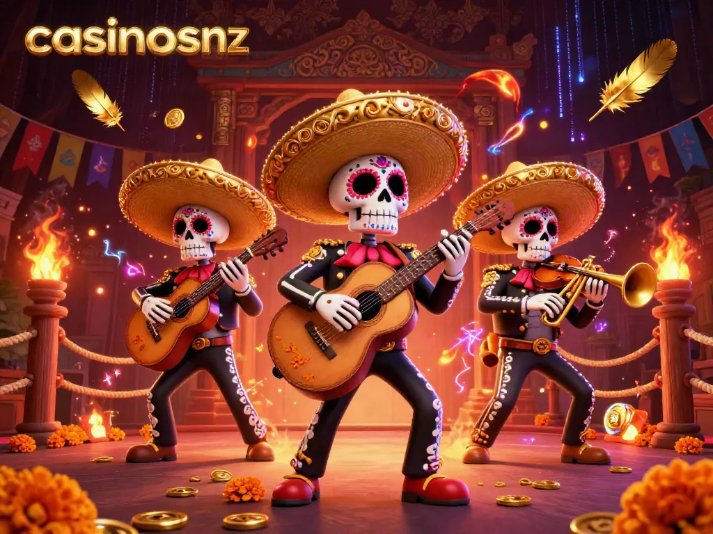 Experience vibrant action at casinosnz with a colorful mariachi band immersed in energetic casino elements.