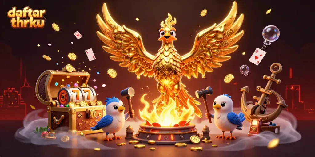 Spin for fortune on daftar thrku with its golden phoenix and vibrant casino elements.