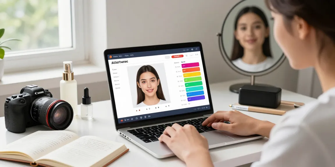Young user taking an attractive test online, showing facial analysis scores and beauty metrics.