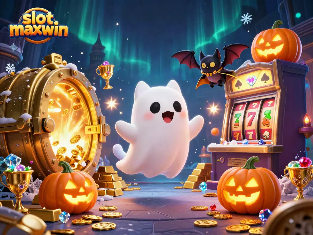Spin the slot maxwin with a ghost cat and bat in a vibrant haunted casino scene.