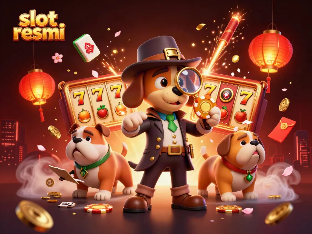 Examine the thrill of slot resmi with a detective bloodhound and bulldog discovering clues amidst jackpot symbols and festive elements.