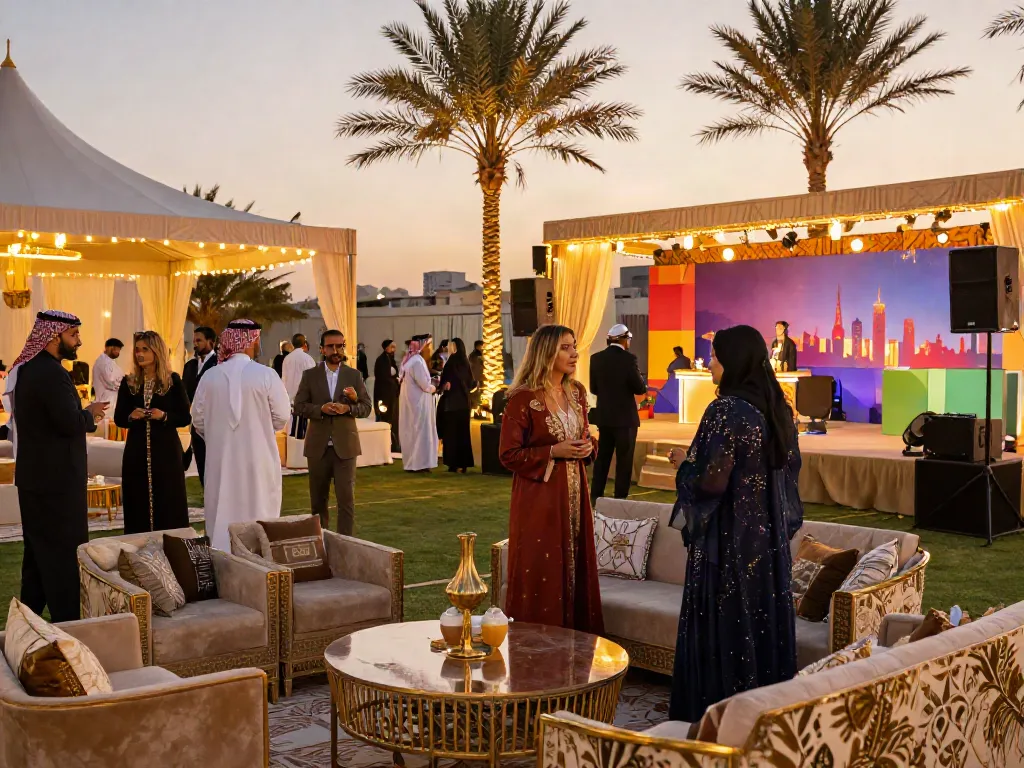 Event rental ksa setup showcasing elegant furniture and lighting for a luxurious outdoor event in Saudi Arabia.