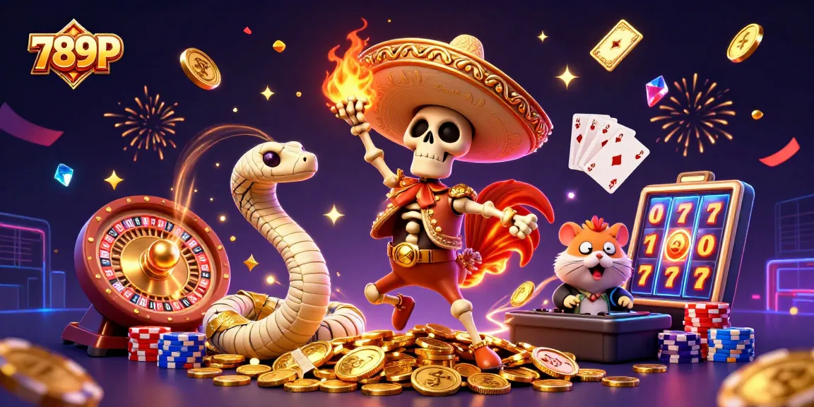 Experience exciting victories with 789P as a lively skeleton rooster dances amidst sparkling casino riches.