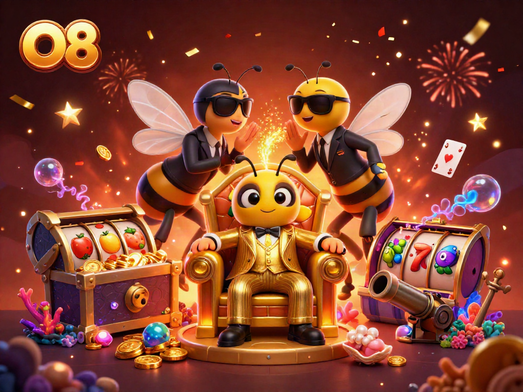 Experience the thrill of O8 slots with a bumblebee mob boss and dynamic casino elements in a vibrant scene.