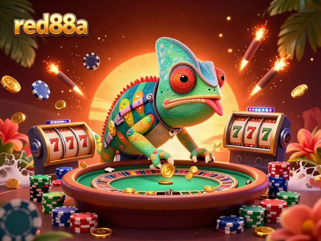 Experience thrilling moments at red88a with a vibrant casino illustration featuring a chameleon owner and dynamic gaming elements.
