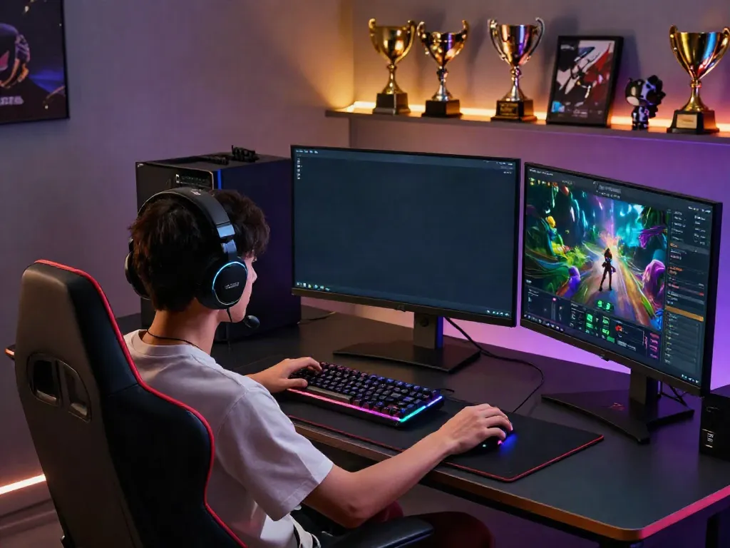 User engaged in luxury12 online gaming experience on a modern setup with vibrant graphics and accessories.