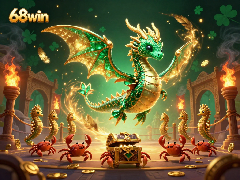Experience the thrill of 68win's colorful casino adventure with a dragon and treasure chests.