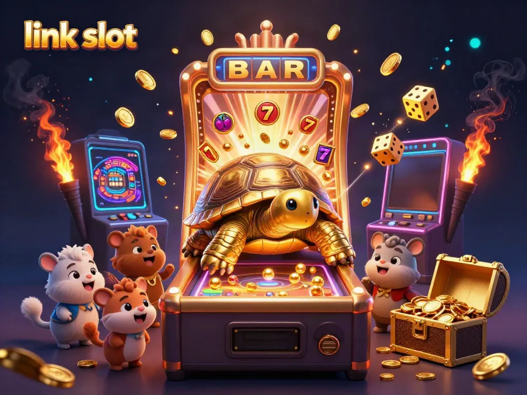 Permainan slot gacor "link slot" dengan tortoise raksasa, jackpot coins, dan elemen kasino yang menyenangkan.