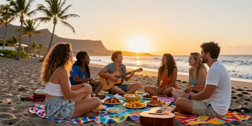 Friends enjoying Canarian news and picnic on the beach during sunset.