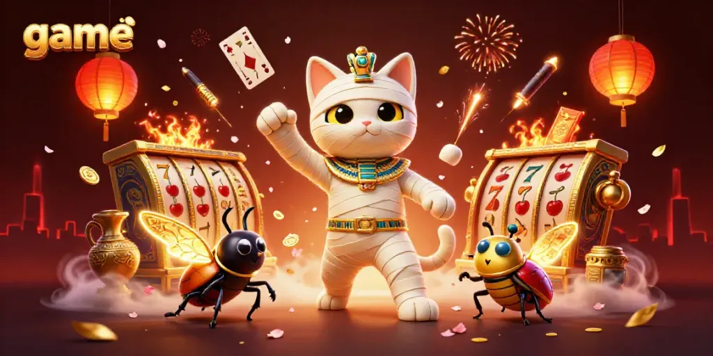 Experience thrilling game excitement with an Egyptian mummy cat in a vibrant casino scene.