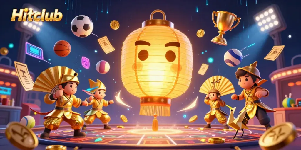 Hitclub gaming excitement with a golden lantern spirit, dynamic sports elements, and vibrant casino atmosphere