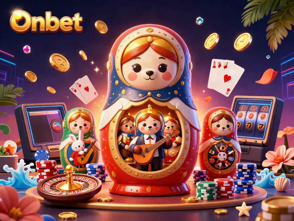 Onbet showcases an exciting casino experience with a vibrant 3D illustration featuring casino dealers, coins, and games.
