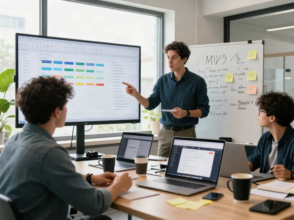 Startups collaborating on an mvp development service with project management tools, showcasing an inspiring workspace.
