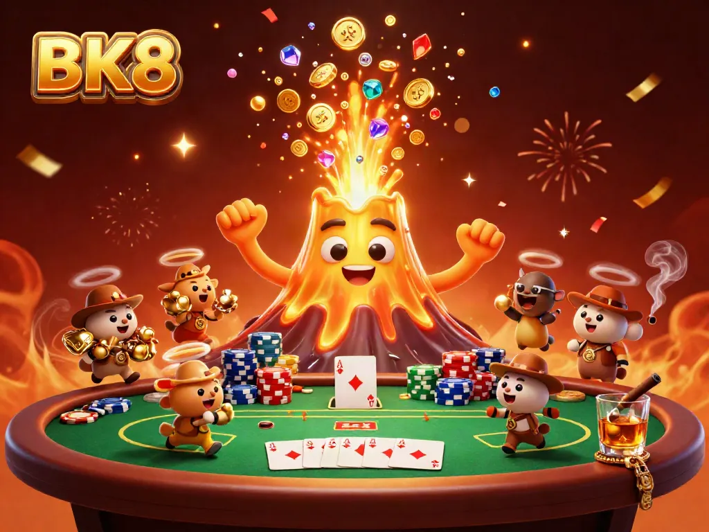 Experience the excitement of BK8 with a vibrant depiction of gaming treasures, championship poker, and a triumphant golden volcano.