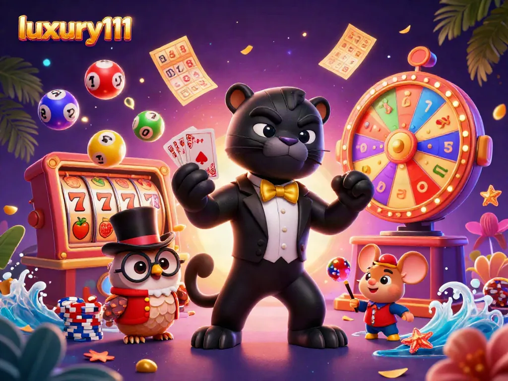 Engage in thrilling games with luxury111, as the black panther deals cards in a vibrant casino scene.