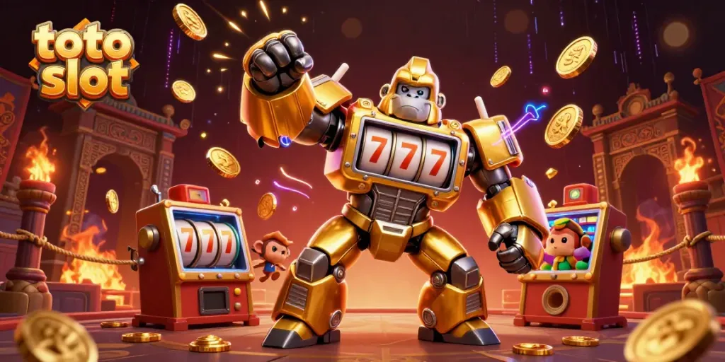 Experience the thrill of toto slot with a dynamic golden gorilla mech amidst a vibrant casino scene.