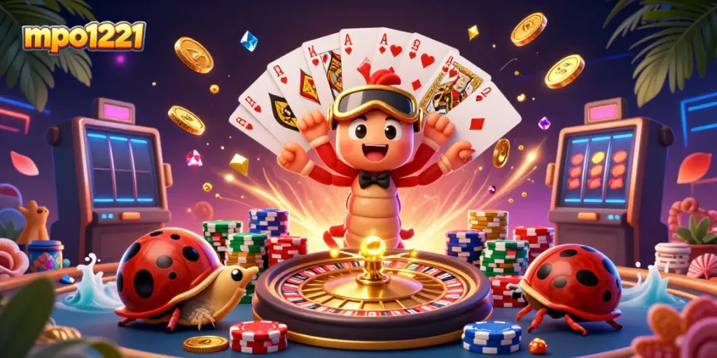 Experience the excitement of mpo1221 with a colorful casino scene featuring a millipede dealer and vibrant collectibles.