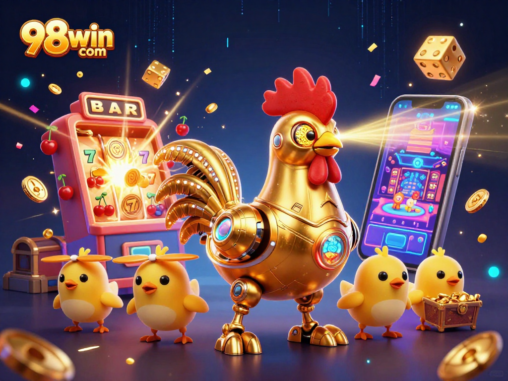 A dynamic scene with 98win com showcasing a golden rooster robot and baby chick drones, surrounded by slots and treasure.