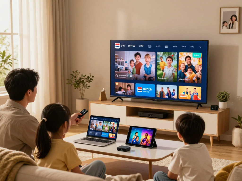Gezin geniet van Nederland IPTV in een moderne woonkamer met smart TV.