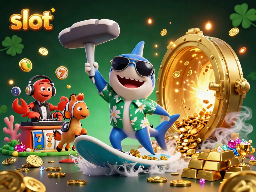 Experience thrilling slot action with a shark surfing gold coins and vibrant casino symbols.