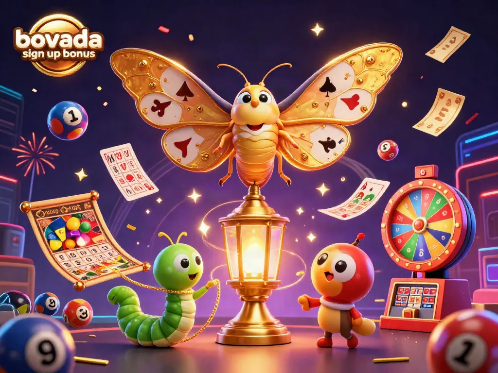 Engage with the Bovada sign up bonus, featuring an enchanting 3D moth illustration amidst vibrant casino elements.