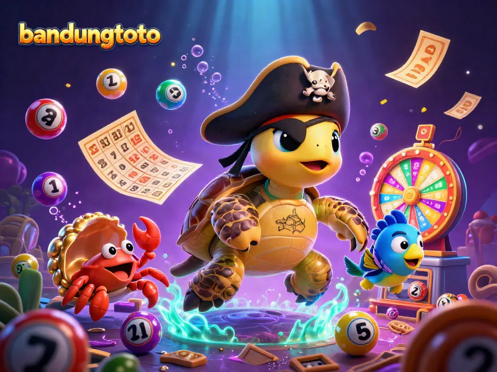 Join the fun at bandungtoto with vibrant lottery excitement featuring a pirate turtle and friends.
