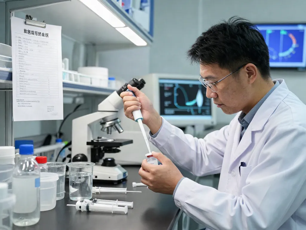 Scientist measuring 2 ml bac water in a laboratory setting for peptide research.