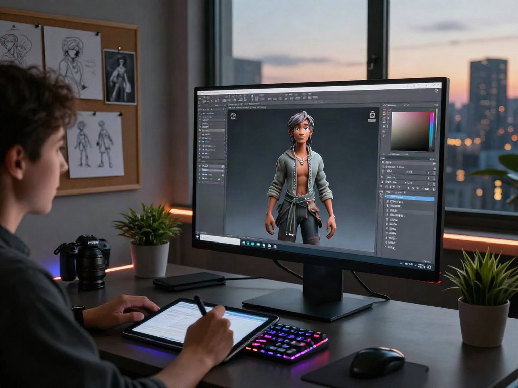 Creating character ai nsfw designs in a modern digital art studio with vibrant atmosphere and creative tools.
