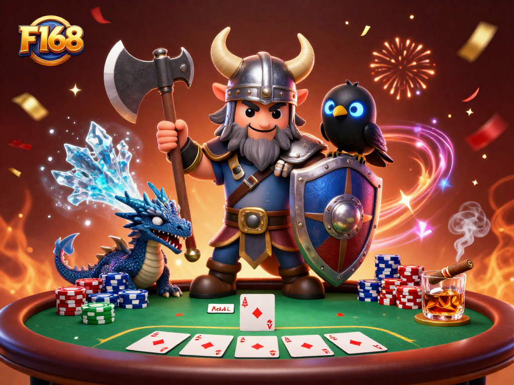 Cheer on your wins with F168 as vibrant gaming characters celebrate around a dynamic poker scene.