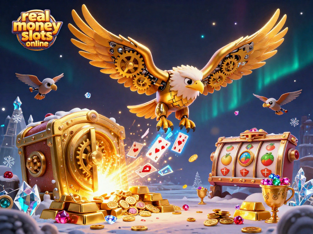 Experience thrilling action with real money slots online as a cybernetic eagle dives through a cascade of holographic cards.