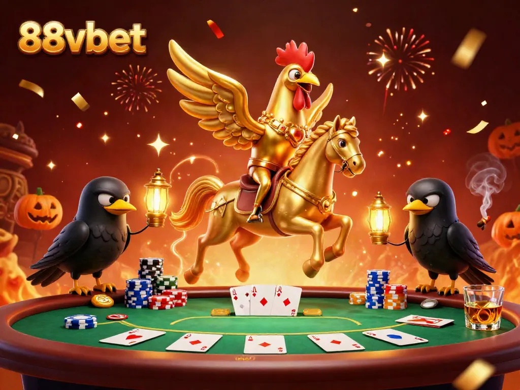 Win big at 88vbet with immersive casino scenes featuring a golden rooster and poker elements.